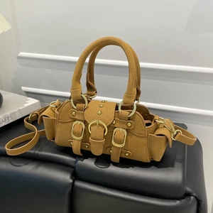 Vintage PU Leather Mini Crossbody Bag With Metal Buckles Rivets Top Handle Adjustable Strap Retro Biker Handbag For Women
