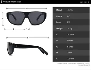 Tableau des tailles détaillé pour lunettes de soleil masque à monture plate en PC