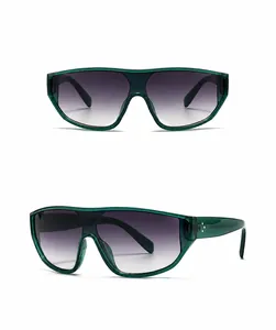 Lunettes de soleil bouclier à sommet plat, monture verte, verres dégradés gris et or