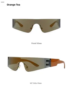 Flache Ansicht der Orange Tea Shield-Sonnenbrille mit Front- und 45-Grad-Perspektive