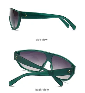Vue détaillée des lunettes de soleil vert foncé montrant le profil et la structure arrière
