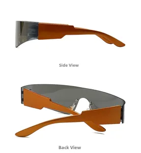 Detailansicht der Seiten- und Rückseite der trendigen Oversize-Sonnenbrille mit orangefarbenen Bügeln