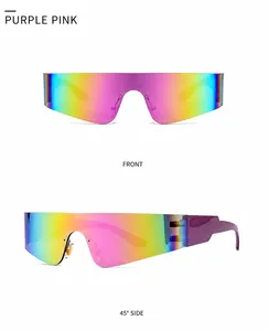 Detailansicht der futuristischen randlosen Shield-Sonnenbrille mit lila-pinkem Farbverlauf