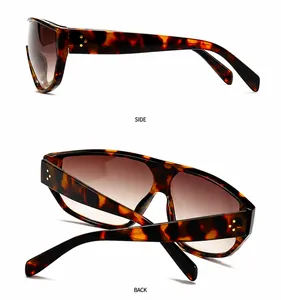 Vue latérale et arrière de lunettes de soleil écaille avec rivets dorés à trois points