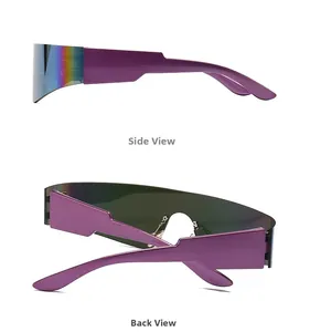 Seiten- und Rückansicht der lila Flat-Top-Schild-Sonnenbrille mit schillerndem Glas