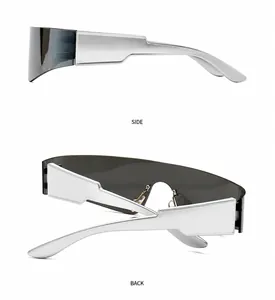 Seiten- und Rückansicht der futuristischen silbernen Shield-Sonnenbrille mit Flattop