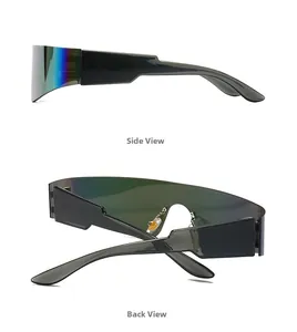 Seiten- und Rückansicht der futuristischen Shield-Sonnenbrille mit regenbogenfarbenen Gläsern