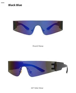 Vorder- und Seitenansicht der Shield-Sonnenbrille mit blau verspiegelten Gläsern