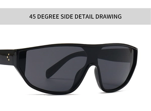 Détail de lunettes de soleil masque noires montrant les rivets dorés et la courbe latérale