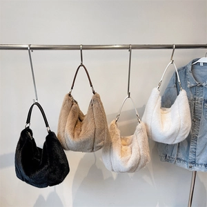Plush faux fur hobo tote bags in black, brown, beige and white with leather handles