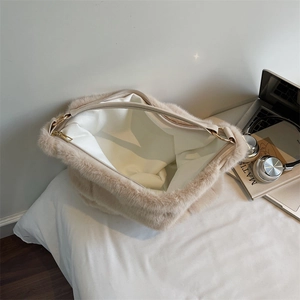 Faux fur tote bag for women in cream beige with large capacity and soft texture