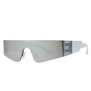 Futuristische, silber verspiegelte Shield-Sonnenbrille mit weißen Bügeln für Damen
