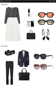 Mode-Collage mit Retro-Katzenaugen-Sonnenbrille, gestreifter Kleidung und Accessoires
