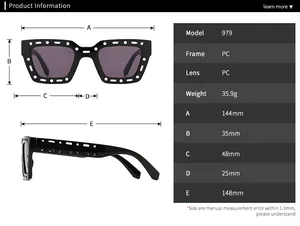 Size chart showing dimensions of square retro sunglasses with hollow frame design