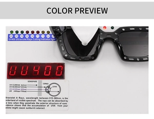 Testing UV400 protection of square retro sunglasses on a digital UV meter device