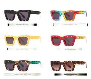 Detail of square hollow-out frame sunglasses in six vintage-inspired color varieties