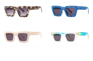 Retro square sunglasses collection featuring hollow frames in four stylish color variants