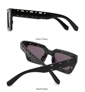 Side and back view of black square sunglasses with unique circular hollow frame design