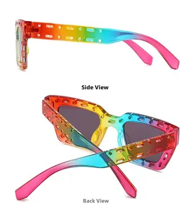 Detail view showing side and back profiles of square rainbow gradient sunglasses