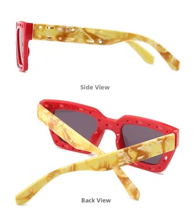Side and back view of retro square sunglasses featuring hollow red frames and marble temples