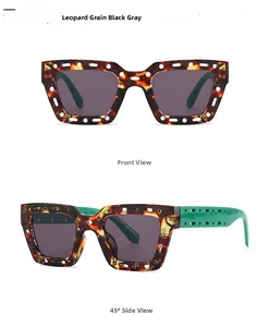 Square leopard print sunglasses with hollow frames and green temples in macro detail