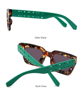 Detail view of tortoiseshell square sunglasses with hollowed-out green temples and back view