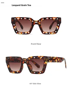 Front and 45-degree side views of square leopard print sunglasses with cutout frames