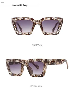 Detailed views of square tortoiseshell sunglasses with hollow frame and gradient lenses