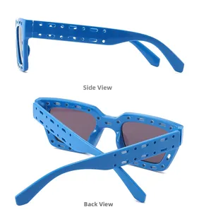 Detail view showing hollowed-out rectangular pattern on blue sunglasses frame and temples
