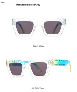 Detail of square vintage sunglasses with hollow frame and colorful gradient temples