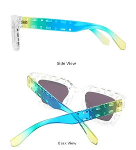 Detail view showing the square hollow frame texture and colorful gradient temples of sunglasses