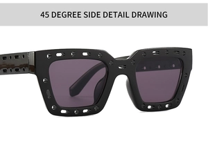 Detailed 45-degree side view of black square sunglasses featuring unique hollow-out frame