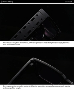 Close-up of hollowed-out temples and reinforced metal hinges on square retro sunglasses