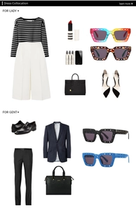 Flat lay of modern square sunglasses with professional men and women fashion outfits