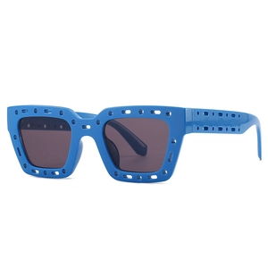 Modern square hollow-out frame sunglasses in bright blue with dark grey lenses