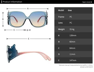Detailed size chart for square cat-eye sunglasses with precise frame and lens dimensions