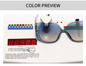Detail view of large square cat-eye sunglasses undergoing UV400 protection testing