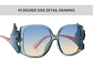 Detailed 45-degree side view of translucent teal sunglasses with lightning-shaped temples