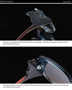 Detail of blue cat-eye sunglasses with reinforced metal hinges and UV protective lenses
