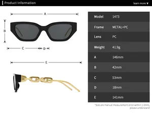 Detailed size chart for 1473 narrow square sunglasses featuring gold chain temple design