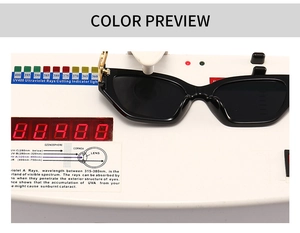 Detail showing the UV400 protection test for narrow black cat-eye sunglasses