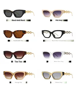 Multiple color variations of narrow cat eye sunglasses with decorative chain metal temples