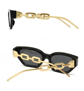 Side and back view of narrow square sunglasses with chunky gold chain temples