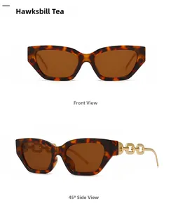 Detailed front and side view of cat-eye sunglasses with golden chain temples