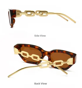 Detail view of tortoiseshell square sunglasses with bold gold chain temple design
