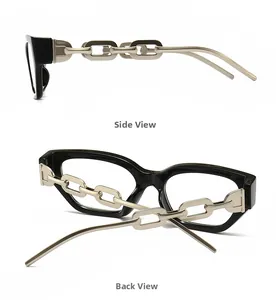 Detail view of square black sunglasses with gold metal chain temple design