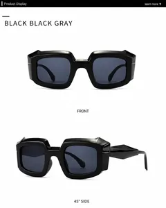 Nahaufnahme der schwarzen geometrischen Sonnenbrille mit dickem Rahmen und Rautenmuster