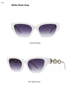 Detailed front and side view of white cat eye sunglasses with purple gradient lenses