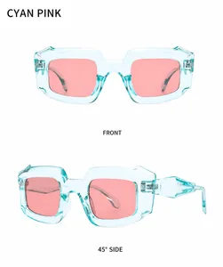 Vorder- und Seitenansicht der dicken Polygon-Sonnenbrille mit cyanem Rahmen und rosa Gläsern