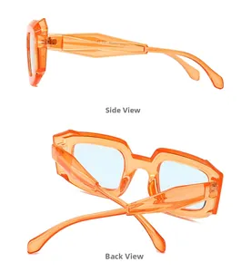 Detailansicht der orangefarbenen transparenten Acetat-Sonnenbrille mit geometrischen Bügeln